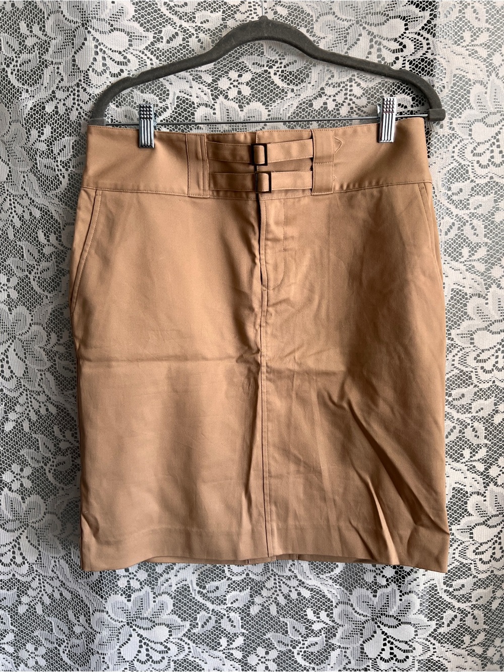 Lauren Ralph Lauren Camel Pencil Skirt with Double Buckle Waist